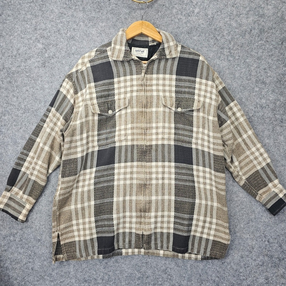 Flannel Plaid Shirt Jacket Womens L XL Black Tan Zip Shacket Cabin 90s KRAZY KAT